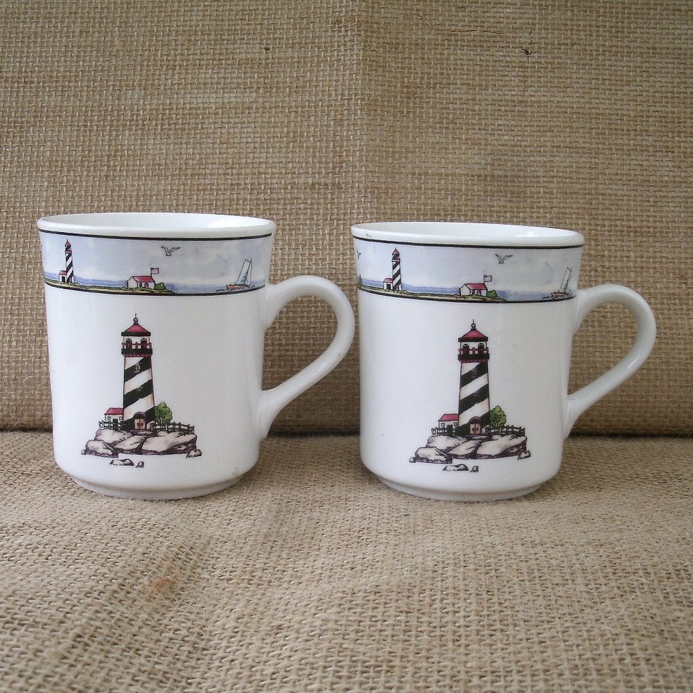 Vintage Totally Today Coastal Lighthouse Mug Set of 2